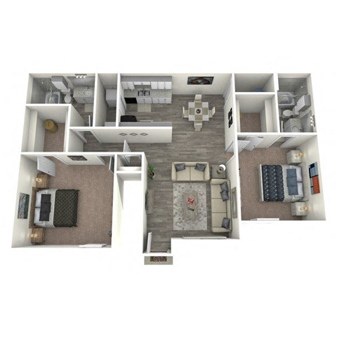 a stylized floor plan with a bedroom and a living room